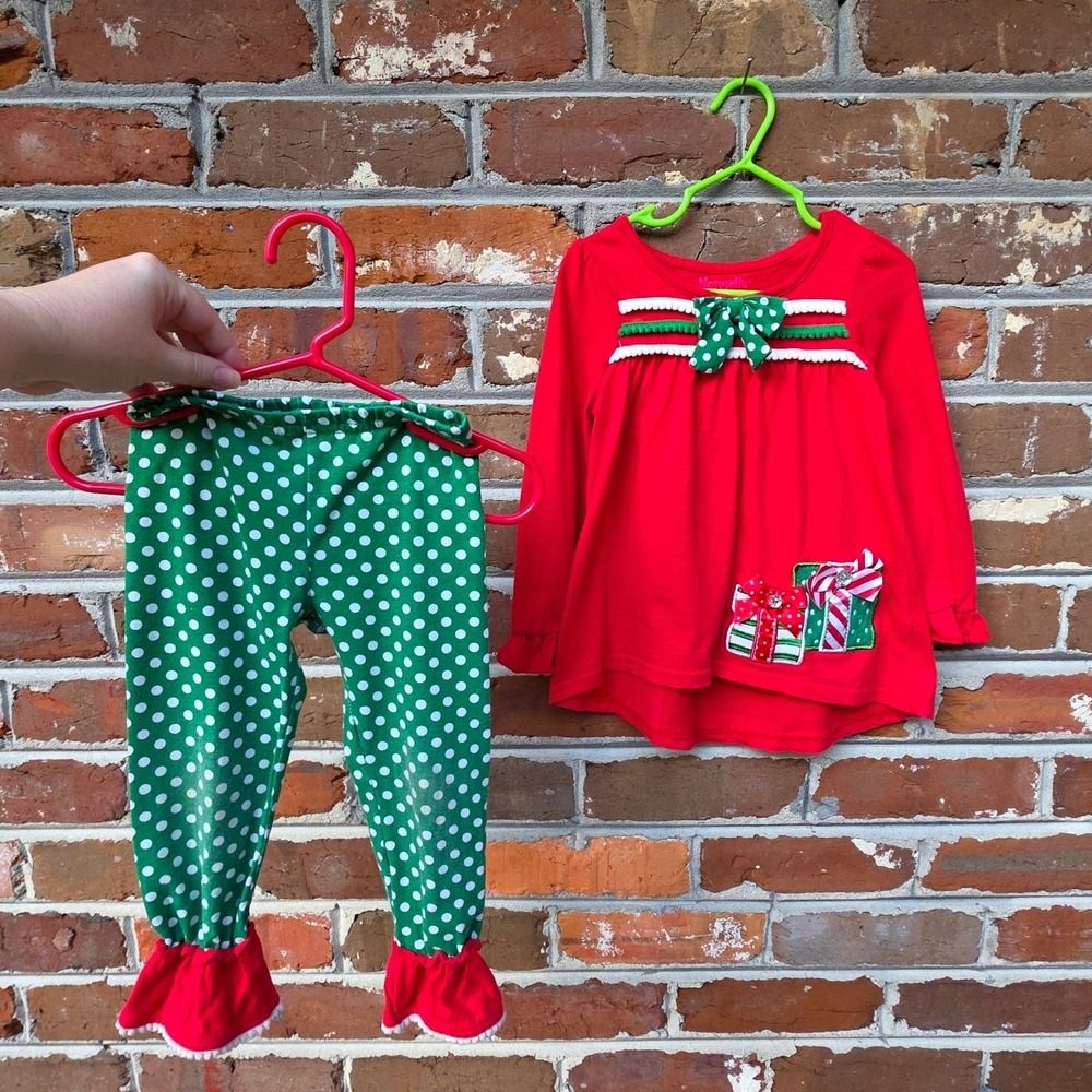 Nannette Kids Girls Christmas Outfit Sz 3T Matching Set Bow Red Green Polka Dot